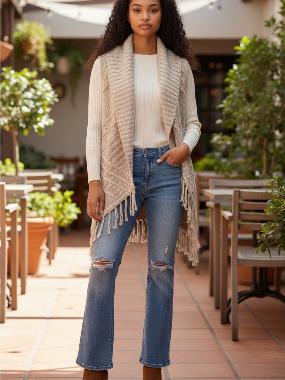 august silk Cream Knit Fringe Open Front Vest